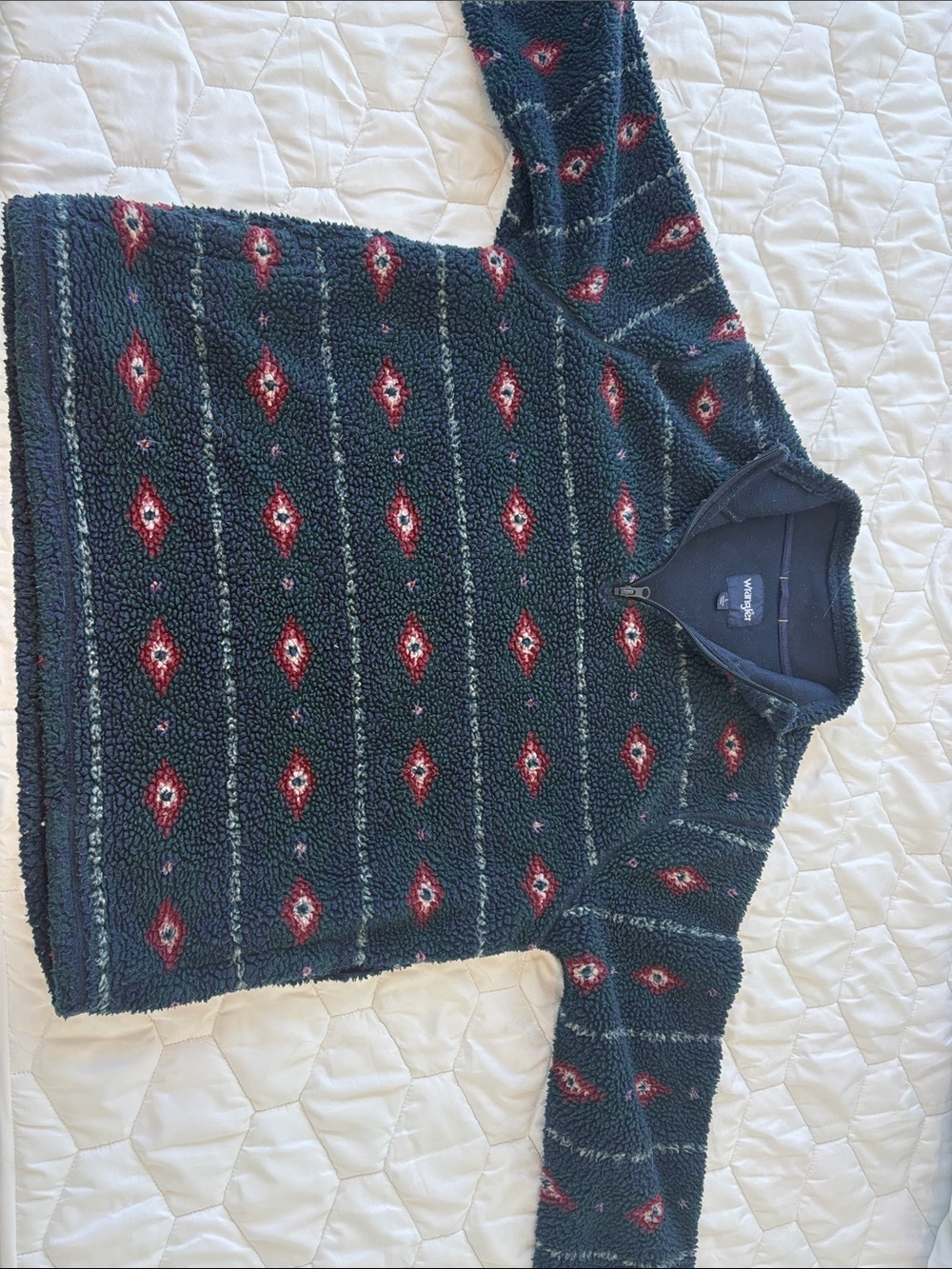 Wrangler Retro Men's Navy Sherpa Quarter-Zip Pullover with Red Geo Accents